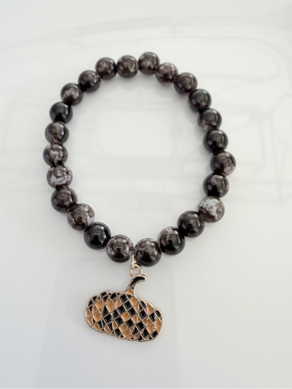 Fall Brown Marbled Beaded Bracelet with Pumpkin Charm